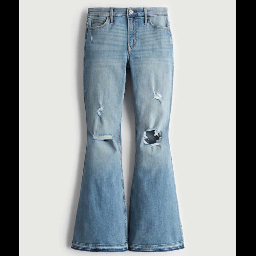 NWT Hollister High-Rise Ripped Medium Wash Flare Jeans